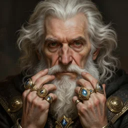 old man wearing a ring on each finger, deep focus, d & d, fantasy, intricate, elegant, highly detailed, digital painting, artstation, concept art, matte, sharp focus, illustration, hearthstone, art by artgerm and greg rutkowski and alphonse mucha