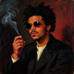 the weeknd wearing sunglasses and smoking at night by giuseppe arcimboldo, classical painting, digital painting, romantic, vivid color, red tint