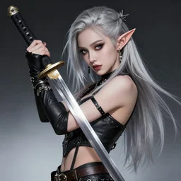 grimes as an incredibly beautiful elven warrior with elf ears, silver hair, and long sword, beautiful warrior, masterpiece by c. leyendecker, incredible beauty, charismatic, trending on artstationl, digital art, japanese anime art, incredible detail, pop star grimes, elf ears, katana,