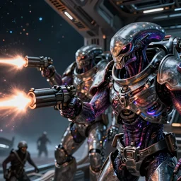 VFX movie closeup of a futuristic inhuman alien spacemarines in future spaceship, firing gun at space pirates detailed creature skin neon lighting by Emmanuel Lubezki