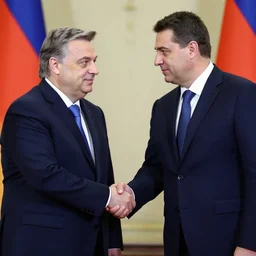 Viktor Orban giving a handshake to Andrew Tate, Hyperrealistic, 8k UHG,