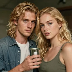 a highly detailed portrait of a couple holding a tin can, blonde hair, trending on artstation,