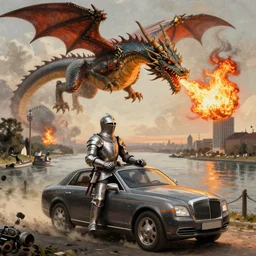 knight in car, dragon blowing fire above, Hudson River School, ONE, Murata, Berserk