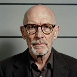 1970s of Mugshot Portrait of a very old Willem Dafoe with glasses and no beard, no hair completely bald, dressed in 1970s menswear, taken in the 1970s, photo taken on a 1970s polaroid camera, grainy, real life, hyperrealistic, ultra realistic, realistic, highly detailed, epic, HD quality, 8k resolution, body and headshot, film still, front facing, front view, headshot and bodyshot, detailed face, very detailed face