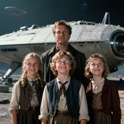 extremely sharply detailed, scan from blockbuster 9 6 k sci fi color movie freeze frame, set 1 8 6 0, family standing in front of crashed spaceship, on alien planet, looking happy, wearing 1 8 5 0 s era clothes, atmospheric lighting, in focus, reflective eyes, - 9 9 9 mm macro lens, live action, nice composition, good photography, clear faces