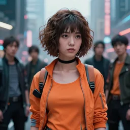 brown - haired tomboy young adult japanese woman with wavy short spiked hair, orange outfit, gang in background, bladerunner 2 0 4 9, city, cinematic, film still