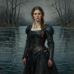 portrait of mercenary's wife young beautiful woman standing on primeval waters, dynamic lighting, cinematic, establishing shot, extremely high detail, photo realistic, cinematic lighting, oil painting, intricate line drawings