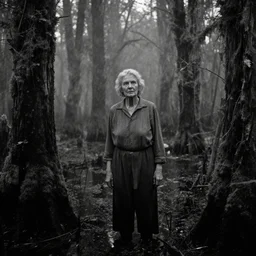 a 1 9 6 0 s movie still of an elder woman in swamp with heavy burning forest backround, mossy, by night, cinestill 8 0 0 t 3 5 mm b & w, heavy grain, high quality, noir, natural textures, photorealistic, ambient occlusion, hd, fog, criterion collection
