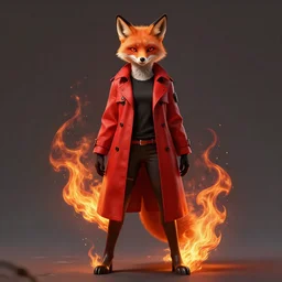 full body concept art of a female anthropomorphic humanoid fox with fire powers dressed in a red trench coat, black t - shirt, and jeans in the style of mlp in the style of akira toriyama trending on artstation deviantart pinterest furaffinity detailed realistic hd 8 k high resolution