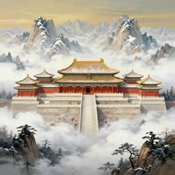 a beautiful painting of a huge ancient chinese palace on the snow - capped mountains, clouds, ultrawide shot, by victo ngai