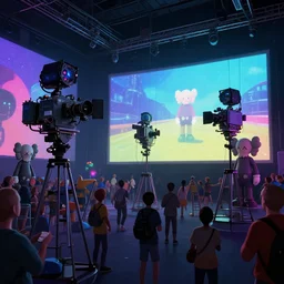 animated film festival, psychadelic cameras and projectors, projection screens, metaverse crowds, 3 d render, in the style of kaws and peter mohrbacher