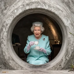 The Queen of England having a tea inside of her robust concrete super bunker far beneath the earth's surface