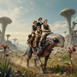 70mm still from a sci fi blockbuster movie made in 2022, set in 1860, of a family riding on the back of alien creatures, on an alien planet, across the alien landscape that is full of strange wild alien plants and flowers, family are wearing 1850s era clothes, good lighting, 8k, in focus faces, good quality photography, oscar winner