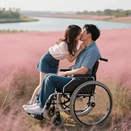 concept art by Neil Blevins, James Paick, Natasha  Tan Maciej Kuciara, highly detailed, ultra realistic  wheelchair user man and anime girl kissing  a clearing with pink grass and a river long-range plan cinematic lighting
