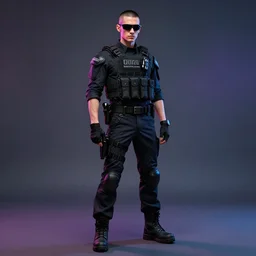 detailed character full body portrait of a skinny buzz undercut masculine androgynous handsome federal government agent sunglasses tactical bulletproof kevlar on smoky neon background artgerm greg rutkowski mucha