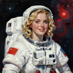highly detailed portrait of a hopeful pretty astronaut lady with a wavy blonde hair, by Andre Masson, 4k resolution, nier:automata inspired, bravely default inspired, vibrant but dreary but upflifting red, black and white color scheme!!! ((Space nebula background))
