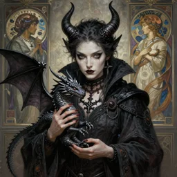 a beautiful satanic sorcerer holding a small dragon, perfect hands, intricate, sharp focus, illustration, highly detailed, digital painting, concept art, matte, art by wlop and artgerm and greg rutkowski and alphonse mucha, masterpiece