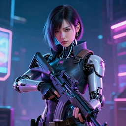 beautiful portrait of a cyborg mercenary girl holding a rifle, art by wlop, artgerm, liam wong, cyberpunk, neon, intricate details, trending on artstation, sharp focus, caustics, octane render, radiant light, 4 k