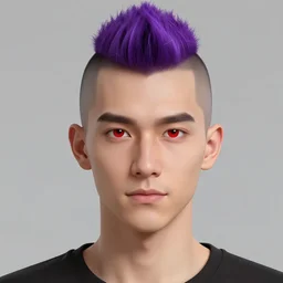 portrait of a man with red eyes,a purple mohawk,Character design by charlie bowater, ross tran, artgerm, and makoto shinkai, detailed, inked, western comic book art, 2021 award winning painting,digital art,ultra realistic,ultra detailed,art by greg rutkowski,photorealiatic,hyperdetailed,hyperrealistic,studio lighting,studio photography,professional photography,professional lighting,detailed face,3 point lighting,4k