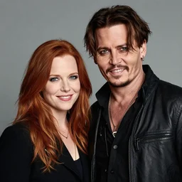 photo of johnny depp with a ginger hair women smiling studio portrait