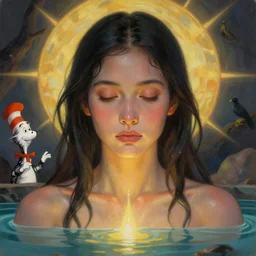 a beautiful closeup portrait of a female shaman bathing in the healing light of god, surreal, fantastic, matte painting, designed by dr seuss and michal karcz, by christophe vacher