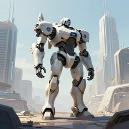 Amazing digital concept art of a guardian robot in a futurstic city, by James Clyne and Joseph Cross. Cinematic, video game concept art. Wide angle. Clean lines. Balanced composition.