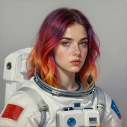 a portrait of a very beautiful woman in a spacesuit, Alexandria\'s genesis, shoulder-length balayage ombré vibrantly colored hair, bored, illustration, soft lighting, soft details, painting oil on canvas by mark arian by artgerm, trending on artstation, 4k, 8k, HD