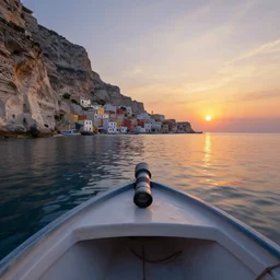 looking out from a small dinghy on the water, low angle from water pov, long lens, sunset, a mediterranean phoenician fishing village in the distance, over a chalk cliff, highly detailed, digital painting, artstation, concept art, sharp focus, illustration, art by artgerm and greg rutkowski and raphael lacoste and magali villeneuve