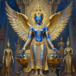 a dmt blue and golden angel goddess buddha hindu entity thai architecture, iridescent, tim hildebrandt, wayne barlowe, bruce pennington, donato giancola, trending on artstation, cinematic composition, beautiful lighting, hyper detailed, 8 k, oil on canvas