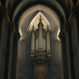 pipe organ in an arch, obsidian walls with gold trim, close up, by peter mohrbacher dan mumford craig mullins nekro, cgsociety, pixiv, volumetric light, 3 d render