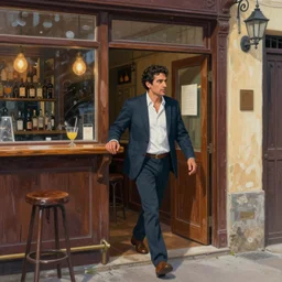 a beautiful artwork of a man entering a bar, by Jerome Opeña, featured on artstation