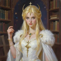 portrait of jessica lowndes as a ffivx white mage, runes, jewelry, mystical, ethereal, magical library bokeh, painting by greg rutkowski and alphonse mucha