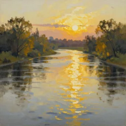 the long river with golden sunshine. oil painting style