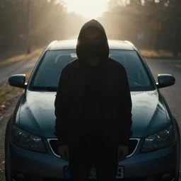 a mysterious photo of an individual in the shadows at the front of his car in the morning