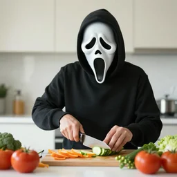 a person cutting vegetables while wearing ghostface mask