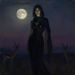lush celestial twilight portrait in mysterious femininity, ethnic, clear eyes, statuesque, gazelle - like, femme fatale, dark gown and scarf, svelte fashion design, silhouette, subtle highlights, bathed in moonlight, chiaroscuro, impressionism, deep rich hues, vintage illustration