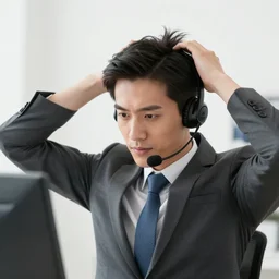 a telemarketer with hands in hair