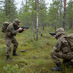 “ soldiers shooting at frogs in finnish forest, trees, swamp ”