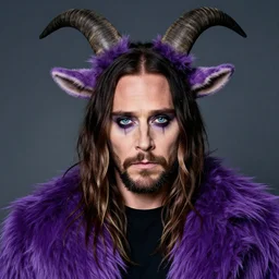 Jared Leto with Wolf Eyes, goat ears, and purple fur, wearing Haider Ackerman, Rick Baker Style makeup, photo-real, Artstation, in the style of Annie Leibovitz