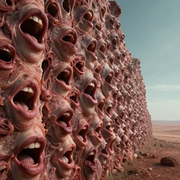 many mouth in a wall of flesh extending beyond the horizon, psychic horror