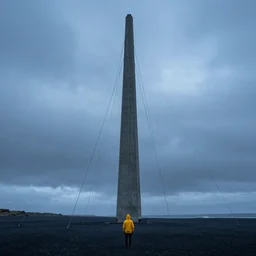 a concrete tower with several cables coming from the top of it, the tower stands in a icelandic beach, a small character wearing a yellow hoodie standing in the front, cloudy day, blue hour, by filip hodas, by simon stalenhag, cinematic, dramatic light concept art, matte painting, trending on artstation, dystopia