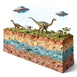 a geological cross section showing layers of time, dinosaurs, UFOs, Crocodile Loki, Atlantis
