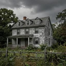 ultra realistic photo of a run - down colonial home in the overgrown new england countryside in 1 9 2 5, highly detailed, dark, atmospheric, brooding