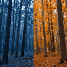 a blue and orange forest, four seasons