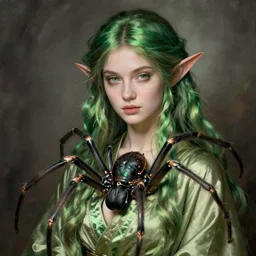 a beautiful elven woman with green hair and silk, with a spider body and legs, by dante gabriel rosetti