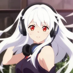 anime poster film still portrait of a japanese young woman, large, red eyes, white hair!!!!!, long, wearing headphones, detailed facial features, dynamic pose, cute face by ilya kuvshinov, yoh yoshinari, makoto shinkai, rimlight, cel shaded, 4 k