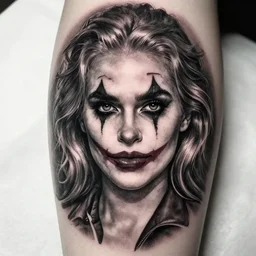 ! dream tattoo design sketch of a beautiful blonde girl portrait with joker makeup, in the style of den yakovlev, realistic face, black and white, realism tattoo, hyper realistic, highly detailed
