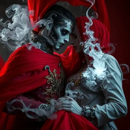 necromancer couple wedding, by tom bagshaw and greg rutkowski, red fabric, fiber amethyst weaving into strands of smoke and brass and iron metal filigree joining into carbon fiber strands, fractal shapes, white explosions, dramatic lighting, ultra detail, close up, dof, smooth render, cinematic, octane render, art nouveau, fine art