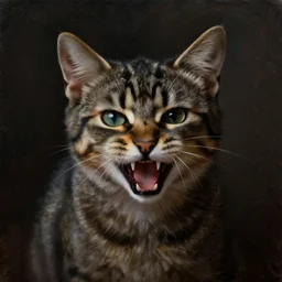 A dark, brooding oil painting of a snarling kitten, establishing shot, high-quality, professional, dramatic lighting, extremely high detail, trending on artstation