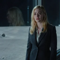 a still from bladerunner 2 0 4 9 of elle fanning wearing a business suit looking at the camera with a worried expression next to a plate glass window. outside we see the surface of the moon. sci fi, futuristic, cinematic, soft lighting, sci fi, canon eos r 3, f / 3, iso 2 0 0, 1 / 1 6 0 s, 8 k, raw, unedited